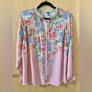 Bl^nk London Anthropologie Floral Ruffle Tie Neck Blouse